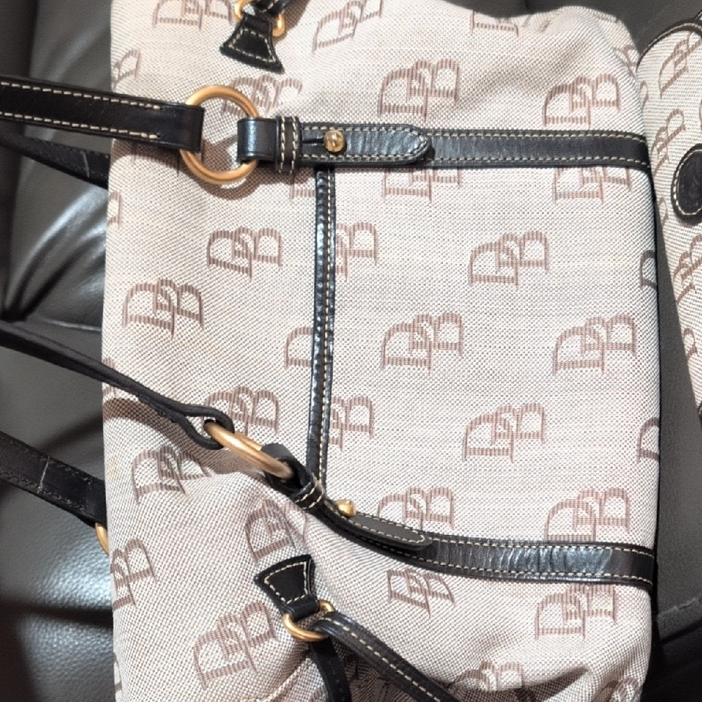 Dooney & Bourke Beige Logo Canvas Tote with Black Leather Trim - Picture 2 of 9
